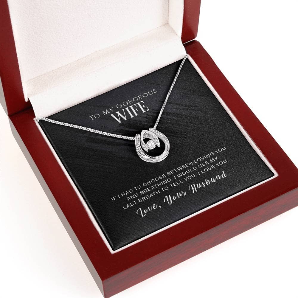 Alt text: "Personalized Wife Necklace - Heart-shaped pendant with cushion-cut cubic zirconia in a gift box with LED lighting."