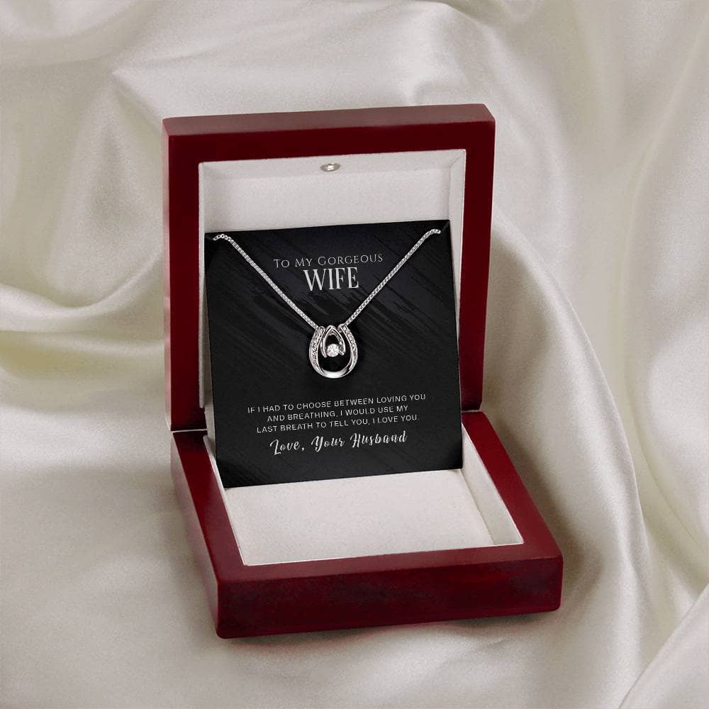 Alt text: "Personalized Wife Necklace - Heart-shaped pendant with cushion-cut cubic zirconia, packaged in a deluxe gift box with LED lighting."