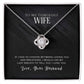 Alt text: "Personalized Wife Necklace - Elegant Love Knot Design in a box, featuring a heart-shaped pendant and adjustable chain. Perfect gift for your cherished wife. Fashion accessory, pendant, symbol, and more."