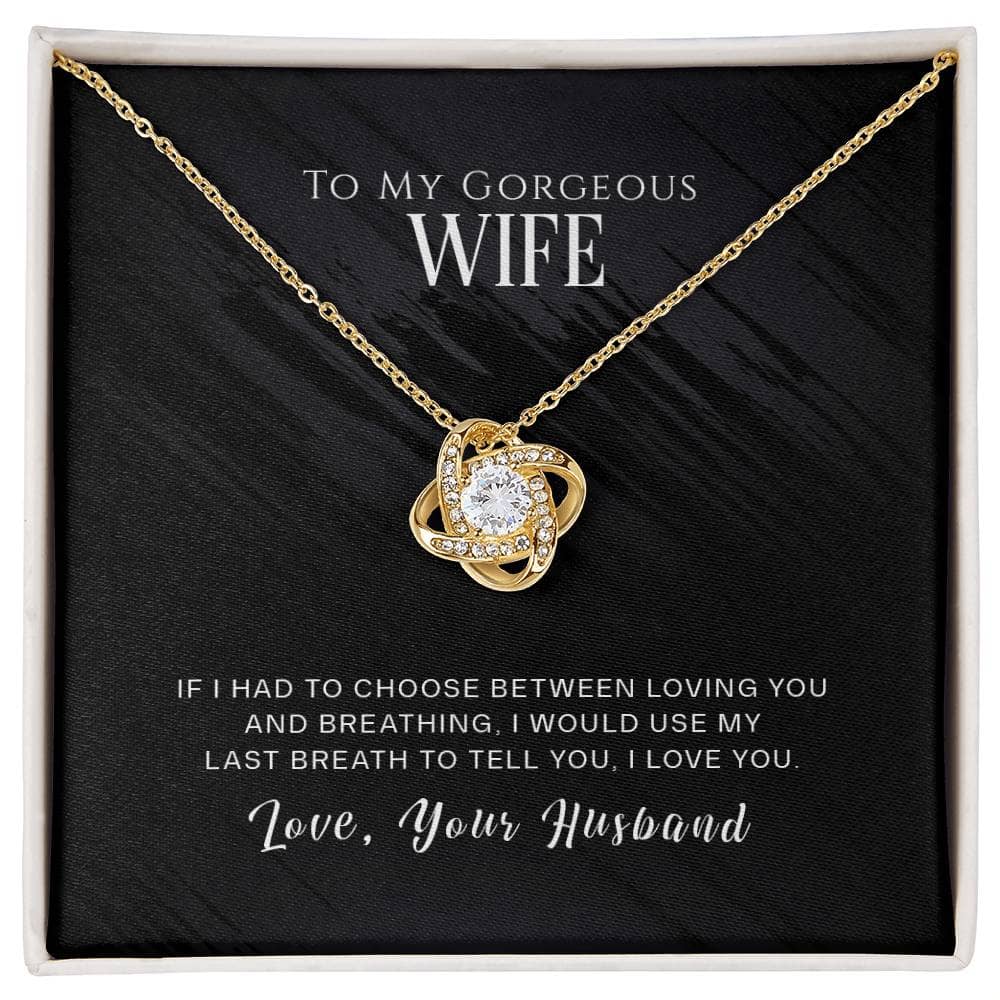 Alt text: "Personalized Wife Necklace - Gold necklace with diamond pendant in box, representing eternal love and unity. Perfect gift for cherished wife."