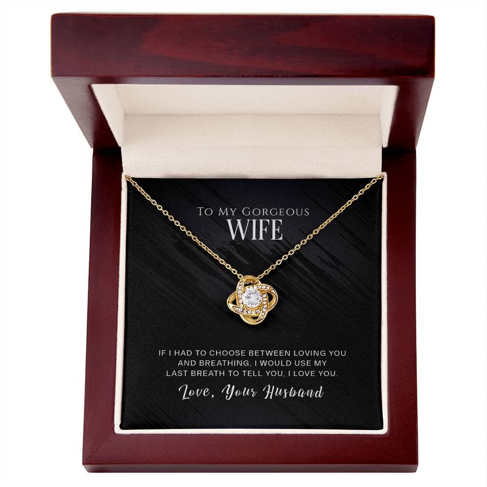 Alt text: "Personalized Wife Necklace - Elegant Love Knot Design in a box"