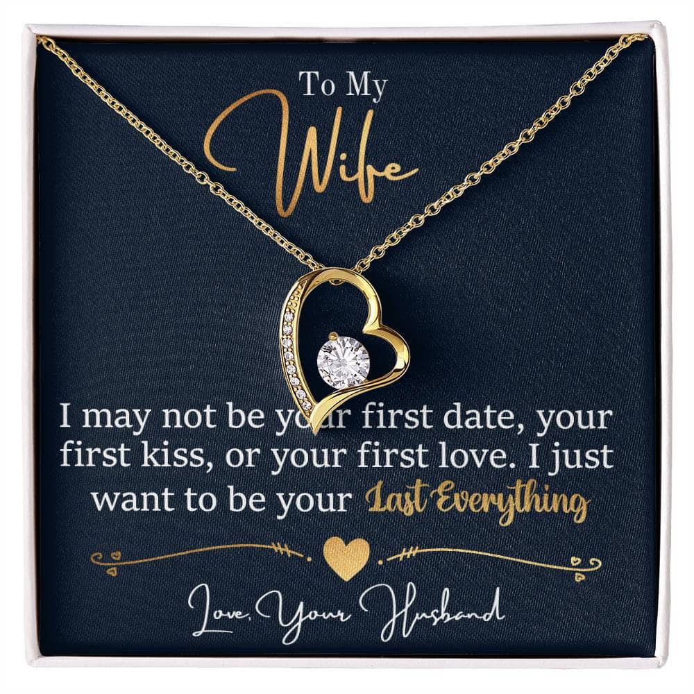 Alt text: "Personalized Wife Necklace: Elegant Love Symbol with Cubic Zirconia, presented in a mahogany-style box with LED lighting."