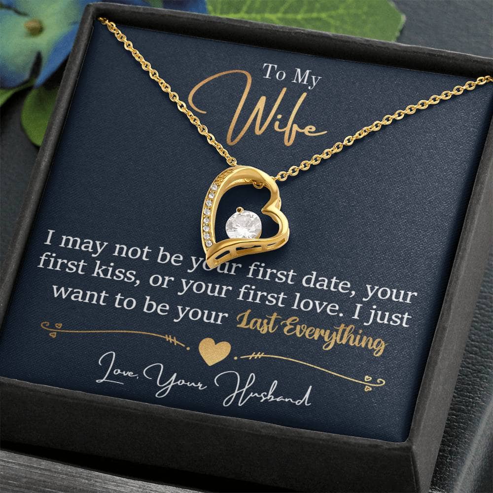 Alt text: "Personalized Wife Necklace: Gold heart pendant with cubic zirconia centerpiece in a box"