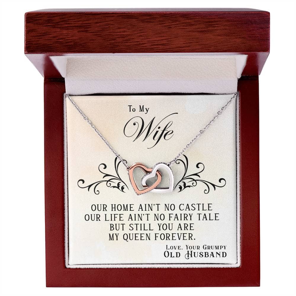 Alt text: "Personalized Wife Necklace: Elegant symbol of love & connection in a box, with two hearts. Crafted with 14k white gold finish and cubic zirconia."