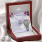 Alt text: "Personalized Wife Necklace: A necklace in a box with a note and earrings, symbolizing endless love and devotion. Crafted with cubic zirconia, featuring a heart-shaped pendant. Adjustable chain for a flawless fit. Presented in an elegant mahogany-style box with LED light."