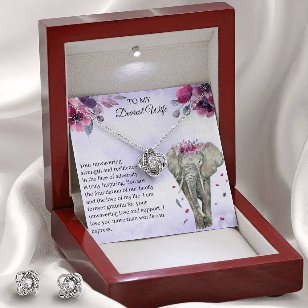 Alt text: "Personalized Wife Necklace: A necklace in a box with a note and earrings, symbolizing endless love and devotion. Crafted with cubic zirconia, featuring a heart-shaped pendant. Adjustable chain for a flawless fit. Presented in an elegant mahogany-style box with LED light."