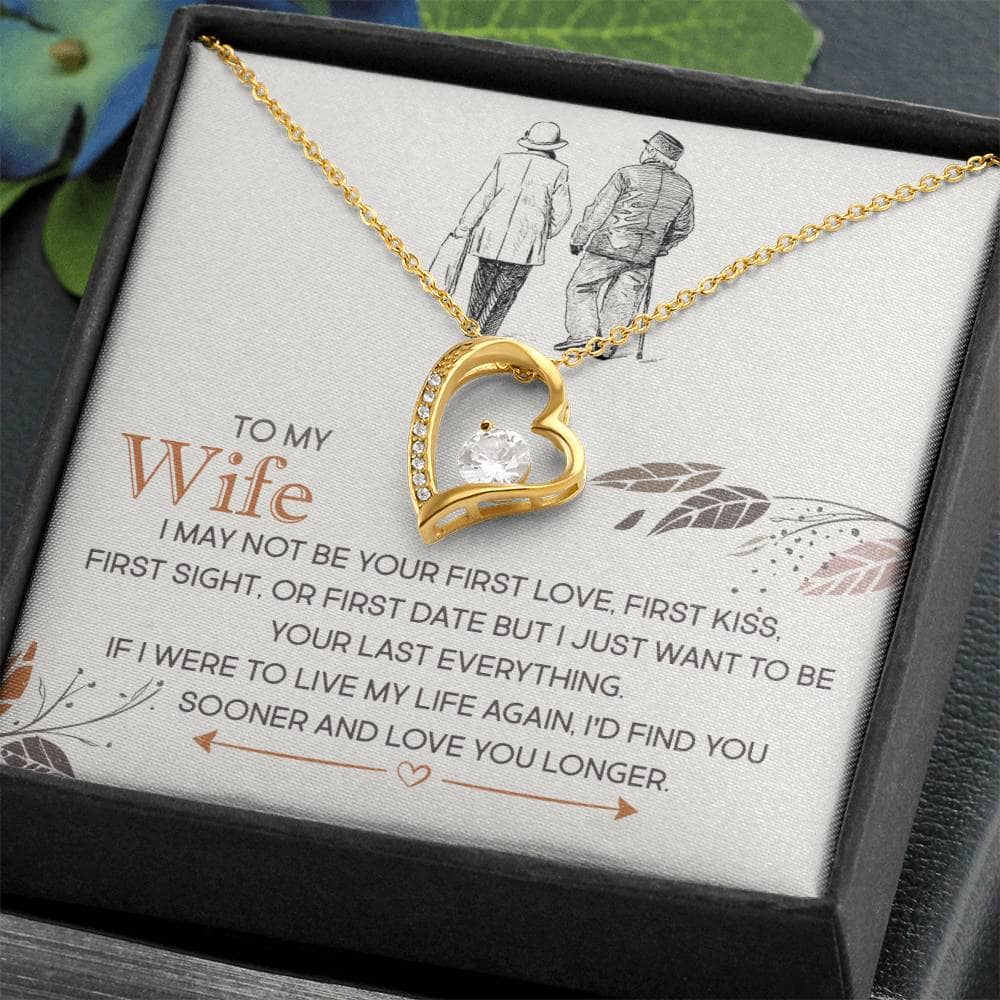 Alt text: Personalized Wife Necklace: Enduring Love - A necklace in a box with a heart-shaped pendant adorned with a cubic zirconia stone. Adjustable chain length.