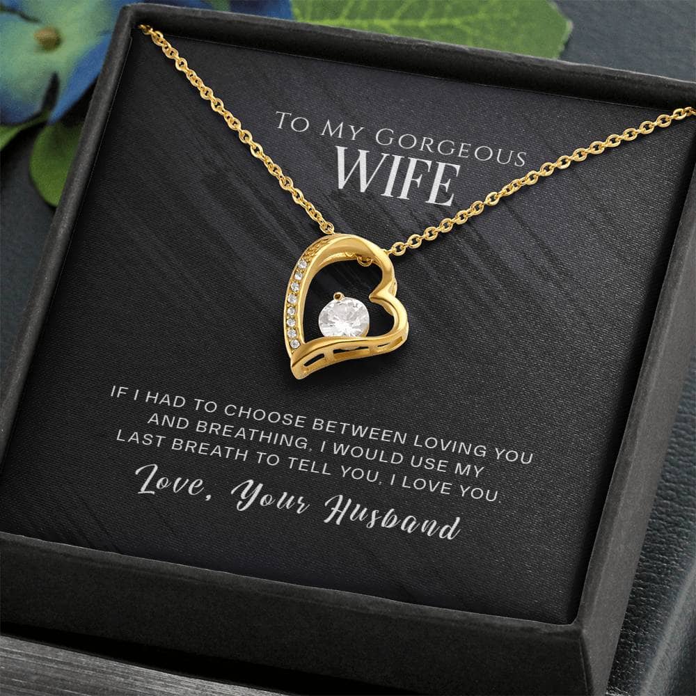 Alt text: "Personalized Wife Necklace - heart-shaped pendant in mahogany-style box with LED lighting"