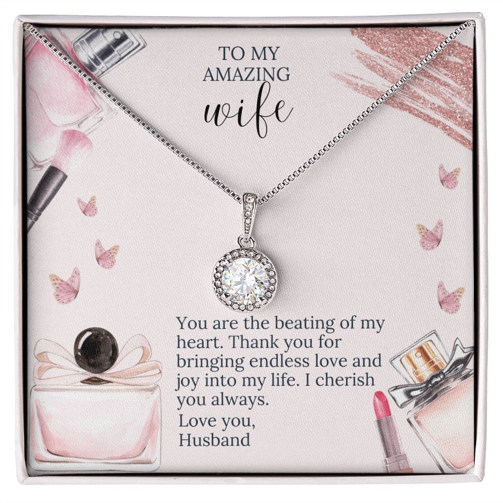 A necklace in a box, symbolizing everlasting love. Shimmering cubic zirconia pendant on a white gold overlay. Comes in a stunning presentation box. Limited-time offer, 50% off. Pendant size: 0.6" (14mm) height, 0.5" (11.6mm) width. Adjustable chain: 16"-18" (40.64-45.72cm). Hard-wearing and elegant.