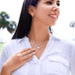 Alt text: "Personalized Wife Necklace Gift - a woman wearing a white shirt and necklace, symbolizing everlasting love and commitment. A radiant cushion-cut cubic zirconia centerpiece shines with affection. Crafted with white gold overlay on stainless steel, it's a resilient representation of mutual love. Comes in a stunning presentation box. Limited-time offer. Pendant size: 0.6" height, 0.5" width. Adjustable box chain: 16"-18" length. Hard-wearing and elegant."