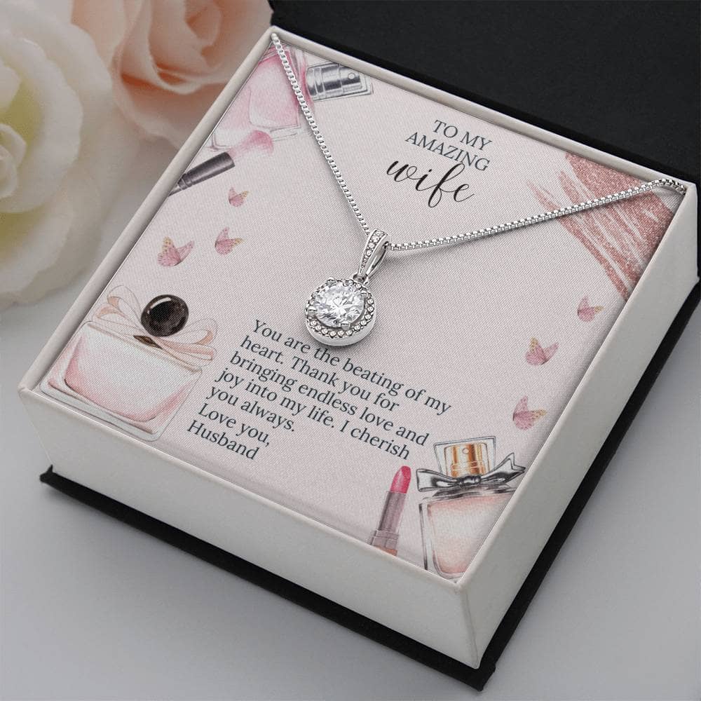 A personalized necklace in a box, symbolizing everlasting love. Shimmering cubic zirconia pendant on a white gold overlay. Comes in a stunning presentation box. Limited-time offer, 50% off. Pendant size: 0.6" (14mm) height, 0.5" (11.6mm) width. Adjustable chain: 16"-18" (40.64-45.72cm). Hard-wearing and elegant.