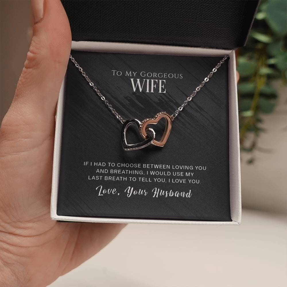 Necklace with intertwined hearts in box, love message for wife.