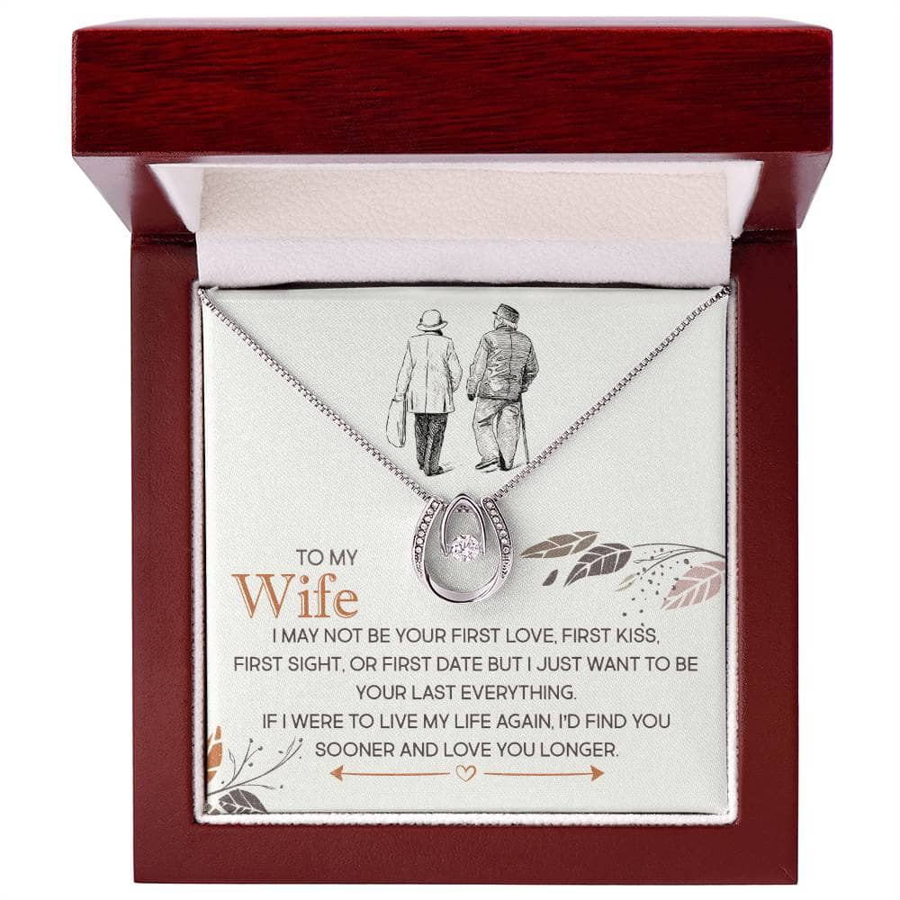 Alt text: "Personalized Wife Necklace in a box, featuring a heart-shaped pendant and cubic zirconia, symbolizing everlasting love and unwavering affection."