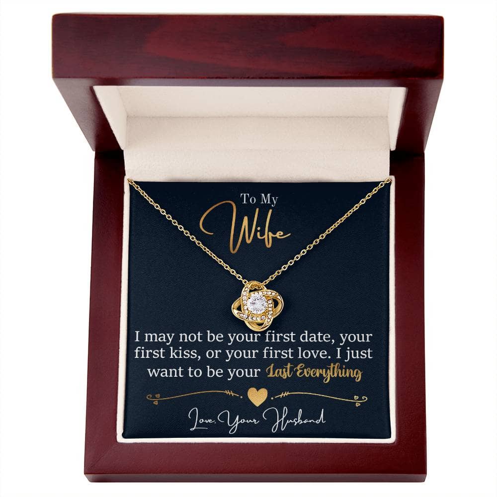 Alt text: "Personalized Wife Necklace: Love Knot Charm in a mahogany-style box with LED light"