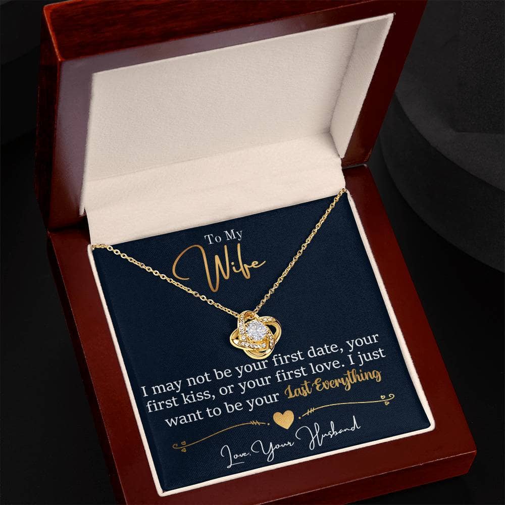 Alt text: "Personalized Wife Necklace: Love Knot Charm in a box - a symbol of infinite love, crafted with cubic zirconia. Adaptable chain for perfect fit. Perfect gift for anniversaries and birthdays."