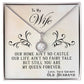 Alt text: "Personalized Wife Necklace - Queen's Embrace: A stunning stainless steel necklace with a 14k white gold finish. Features a cushion-cut cubic zirconia centerpiece surrounded by shimmering stones. Adjustable box chain and secure lobster clasp. Arrives in an exquisite gift box."