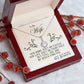 Alt text: "Personalized Wife Necklace - Queen's Embrace, featuring a stunning cushion-cut centerpiece surrounded by smaller cubic zirconia stones, presented in an elegant gift box."