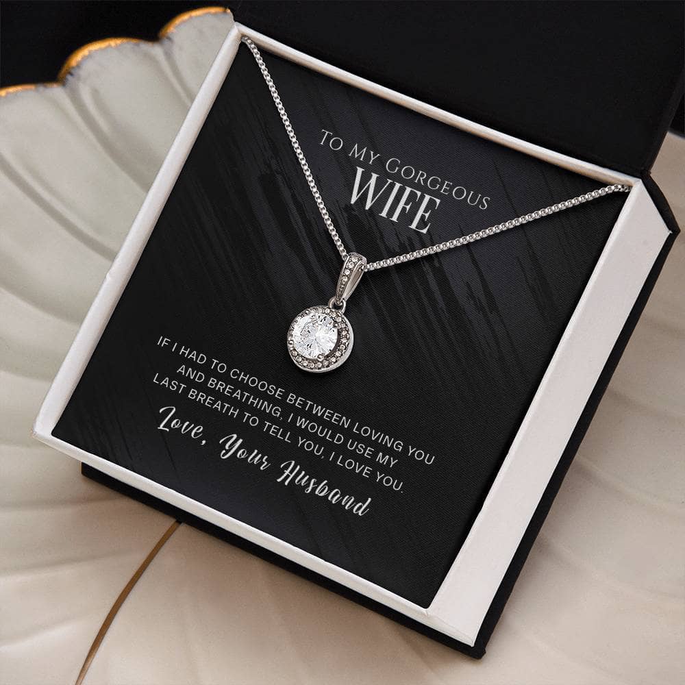Alt text: "Personalized Wife Necklace - Eternal Hope Necklace with cushion-cut cubic zirconia centerpiece in a box"