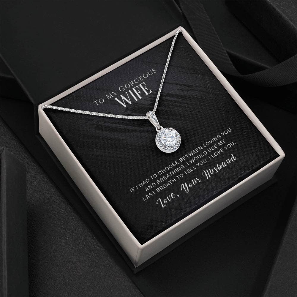 Alt text: "Personalized Wife Necklace - Eternal Hope Necklace with 14k white gold finish, cushion-cut cubic zirconia centerpiece, and radiant cubic zirconia crystals. Adjustable box chain length. Comes in an elegant plush gift box."