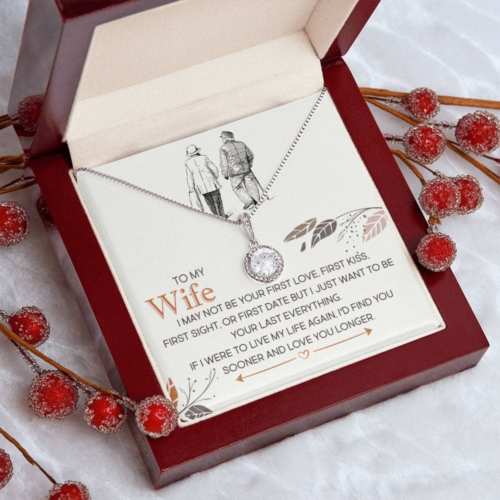 Alt text: "Personalized Wife Necklace in Box with Cushion-Cut Zirconia - A radiant necklace symbolizing everlasting love and devotion. Crafted with white gold over stainless steel. Comes in an elegant box."