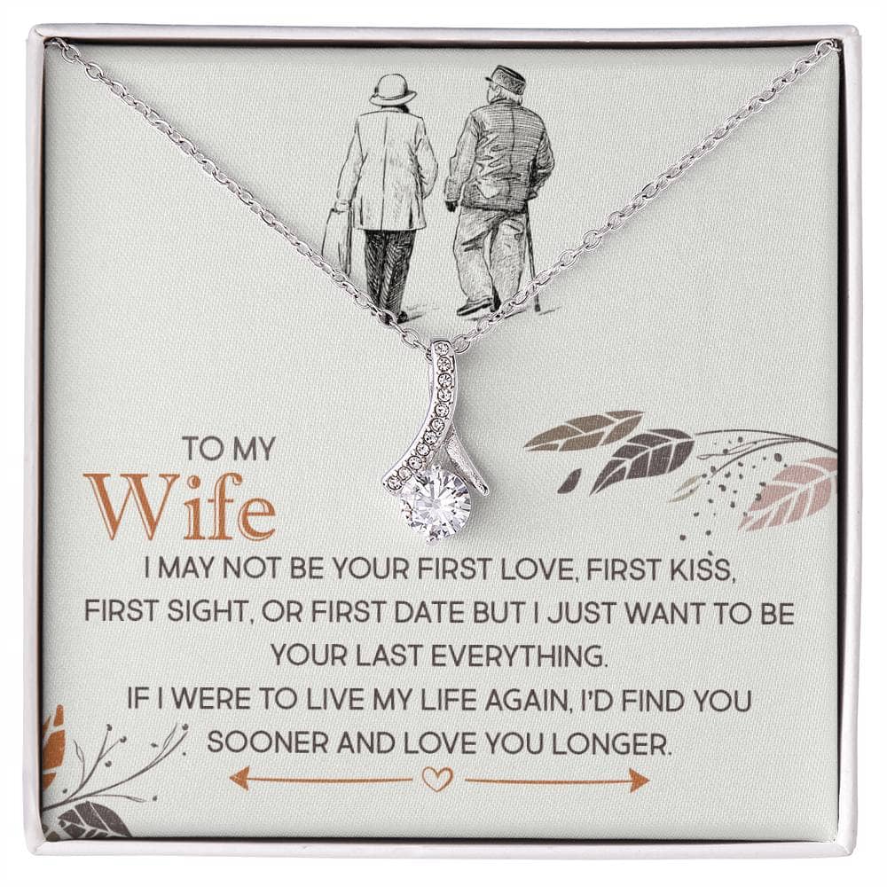 Alt text: "Personalized Wife Necklace with Heart Pendant and Cubic Zirconia, a necklace in a box, symbolizing enduring love and commitment."