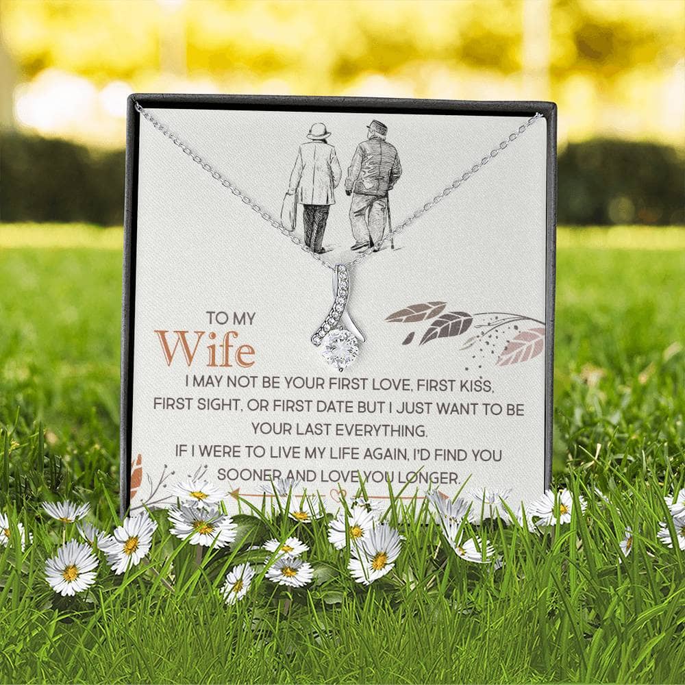 Alt text: "Personalized Wife Necklace with Heart Pendant and Cubic Zirconia, featuring a couple on a chain in a grassy area, symbolizing timeless romance and enduring love."