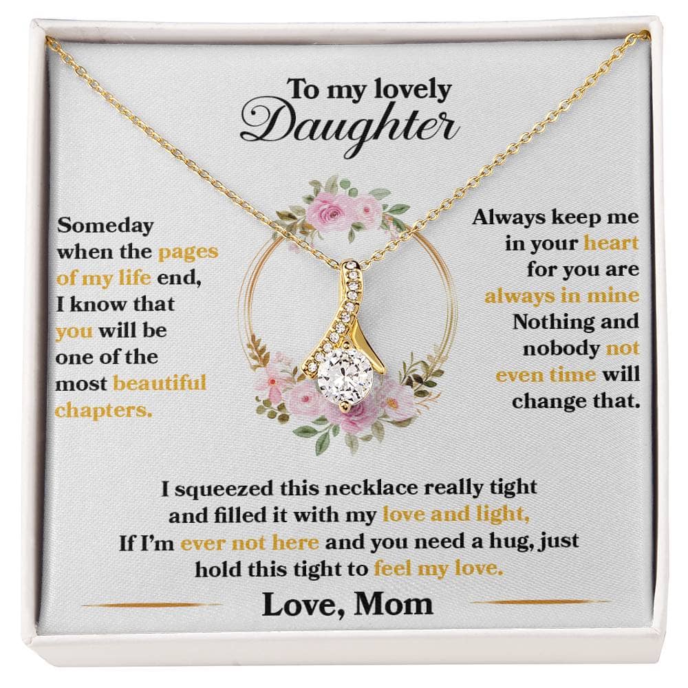 Alt text: "Premium Personalized Daughter Necklace - A necklace in a box with a close-up of a diamond ring, symbolizing the unyielding bond between parent and daughter."