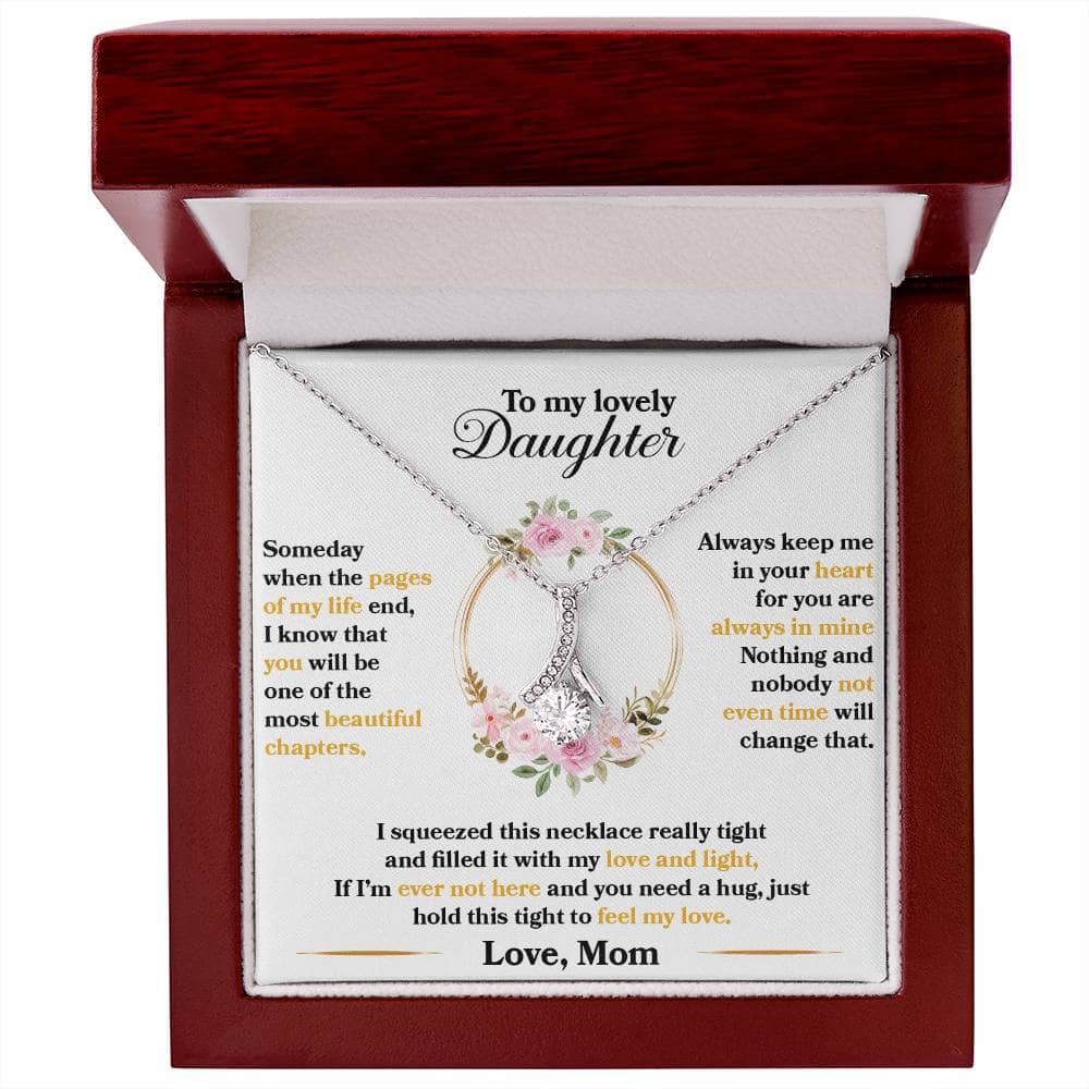 Alt text: "Premium Personalized Daughter Necklace in a box - Symbol of Unyielding Bond - necklace with cubic zirconia pendant in mahogany-style packaging with LED lighting"