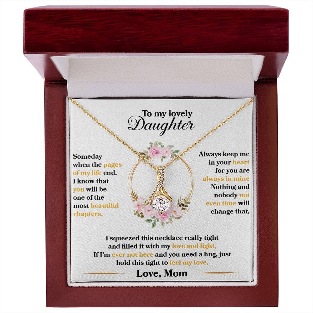 Alt text: "Premium Personalized Daughter Necklace - A necklace in a box, adorned with cubic zirconia, symbolizing the unyielding bond between parent and daughter."