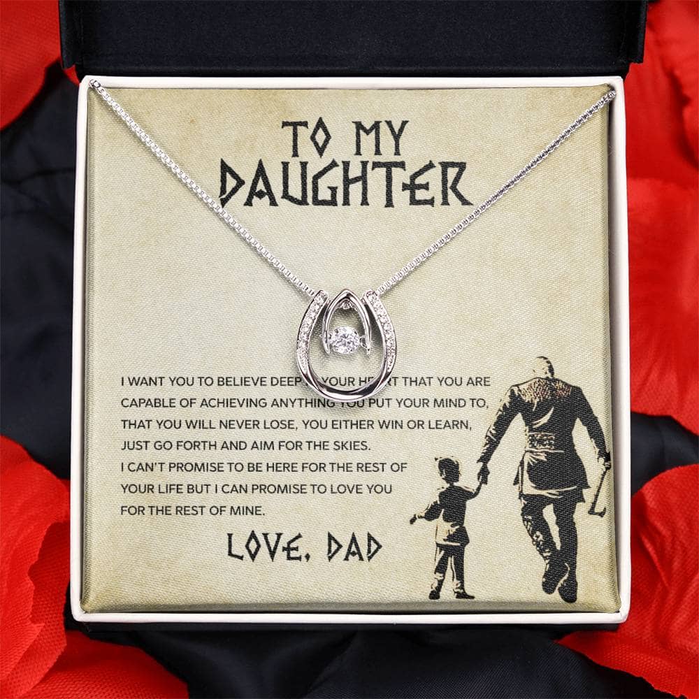Premium Personalized Daughter Necklace with Cubic Zirconia, a heart-shaped pendant on an adjustable chain, nestled in a luxurious mahogany-style box with ambient LED lighting.