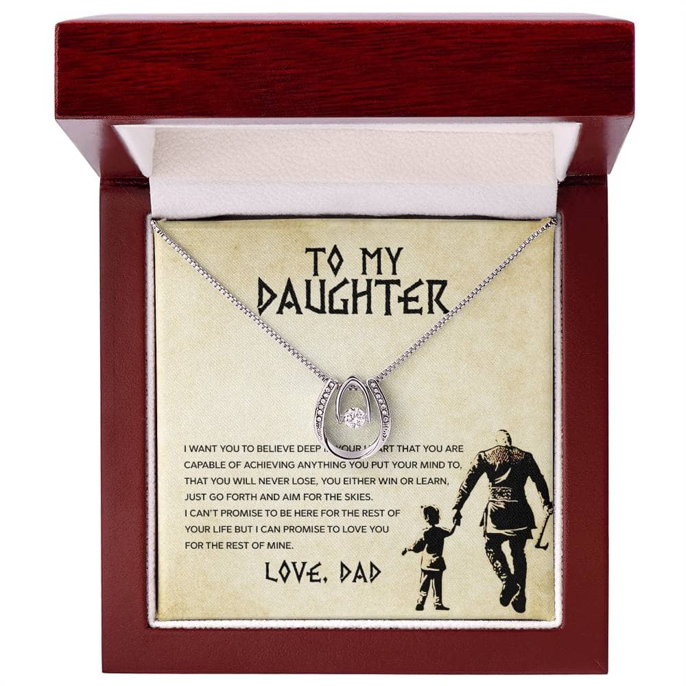 Alt text: Premium Personalized Daughter Necklace with Cubic Zirconia, nestled in a luxurious mahogany-style box with ambient LED lighting.