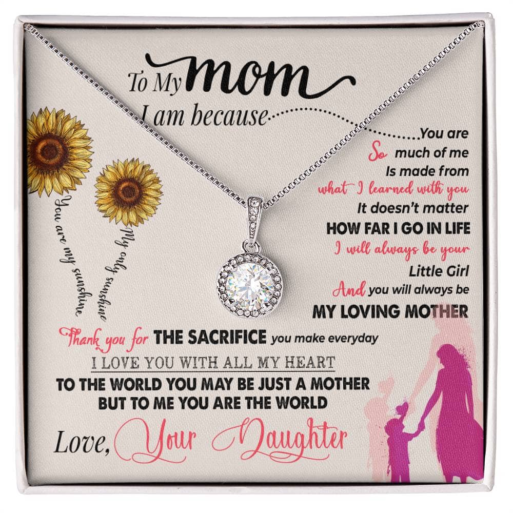 Alt text: "Premium Personalized Mother Necklace in a box with a diamond pendant, symbolizing the unbreakable bond between a mother and child."