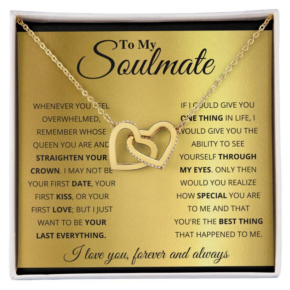 A gold necklace with interlocking hearts, symbolizing an unshakable bond. Crafted with 14k white gold or 18k gold finishes and adorned with cubic zirconia.