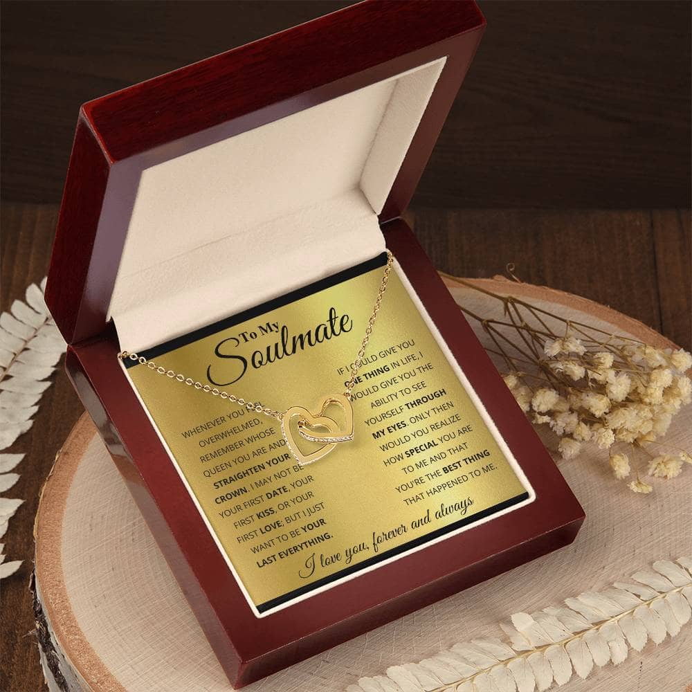 Alt text: "Soulmate Necklace: Interlocking Hearts in Box - Celebrate your unshakable bond with this personalized necklace. Crafted with 14k white gold or 18k gold finishes, adorned with cubic zirconia. Presented in a luxurious mahogany-style box with LED lighting. Limited time offer."