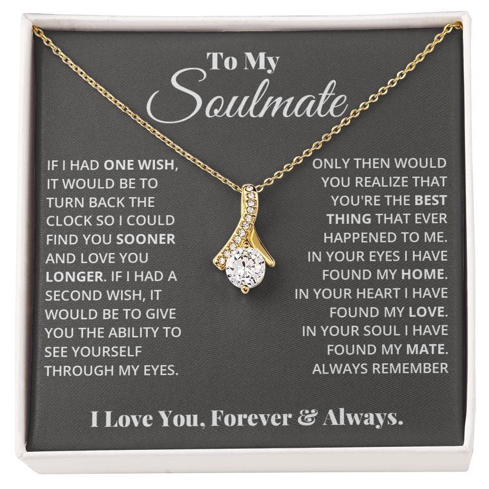 Alt text: "Personalized Soulmate Necklace in a box - a symbol of everlasting love and commitment, featuring a unique intertwined pendant."
