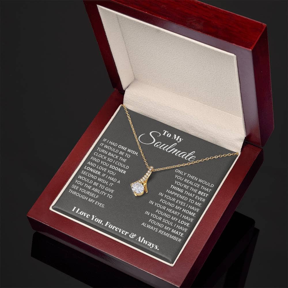 Alt text: "Personalized Soulmate Necklace in a box with diamond pendant"