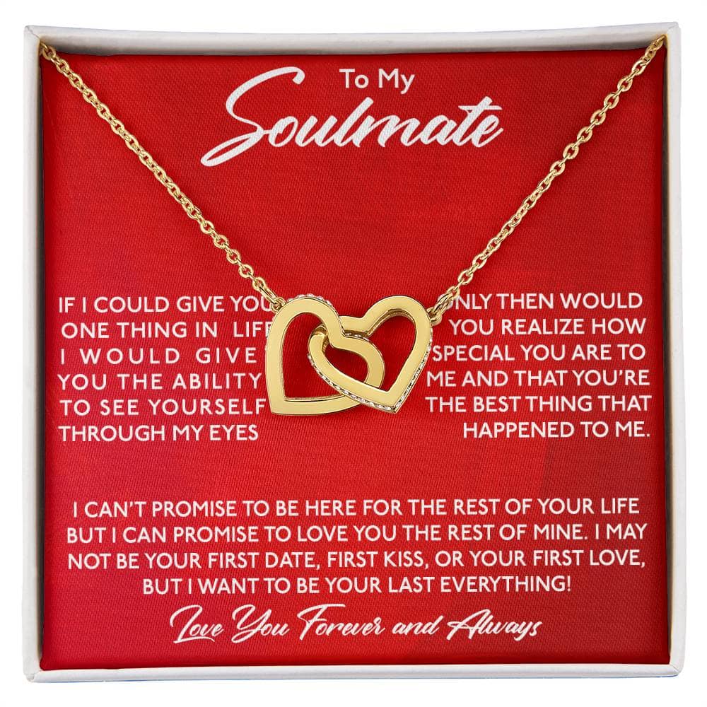A gold heart necklace in a red box, a symbol of eternal love and commitment. Adorned with cushion-cut cubic zirconia, this Personalized Soulmate Necklace is a masterpiece crafted with precision and care. Choose from 14k white gold or 18k gold finish and embrace the intertwined paths of soulmates with interlocking hearts or love knots. Presented in a luxurious mahogany-style box with LED lighting, it's the perfect gift for any special occasion.