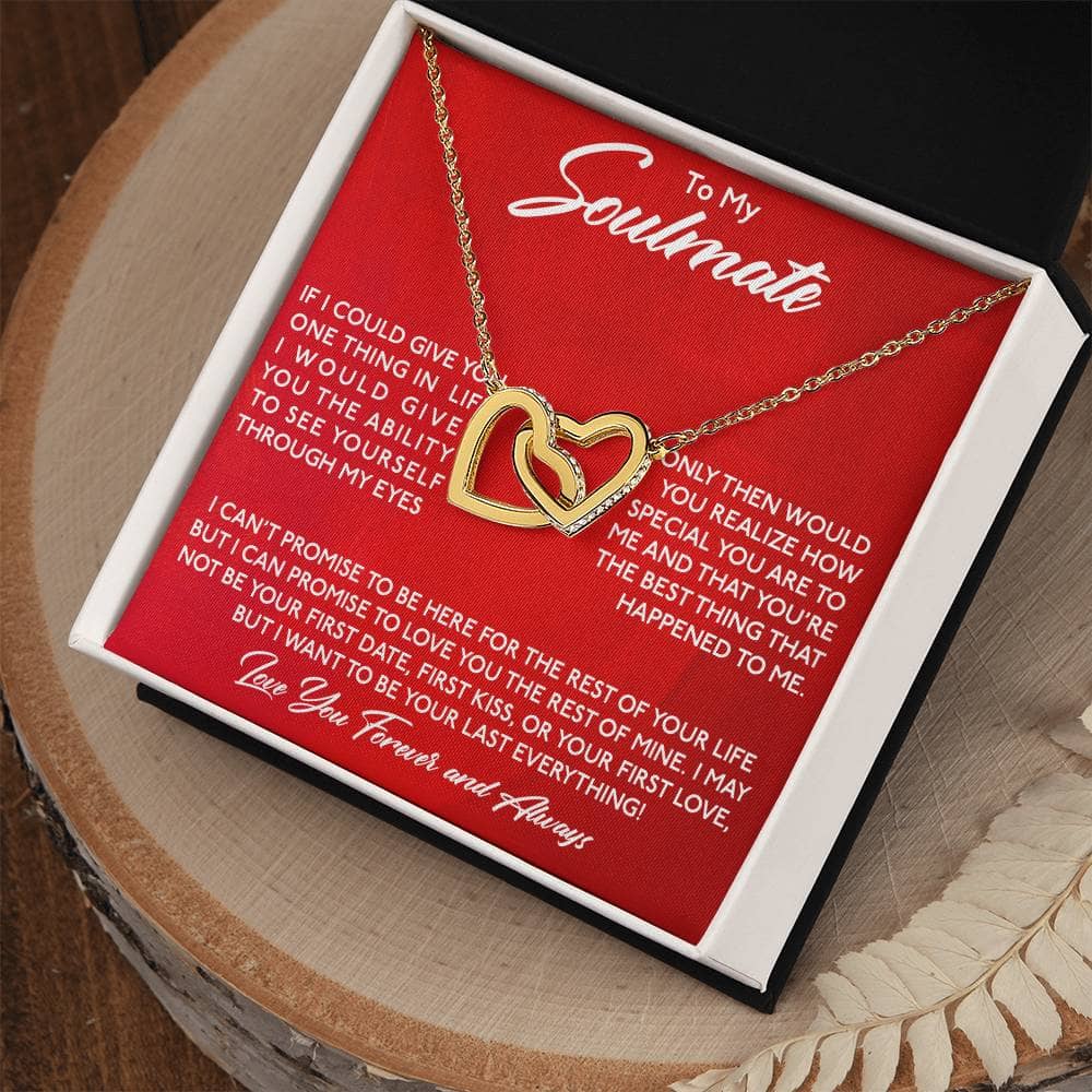 Alt text: "Special Soulmate Necklace - Interlocking Hearts pendant in a box"
