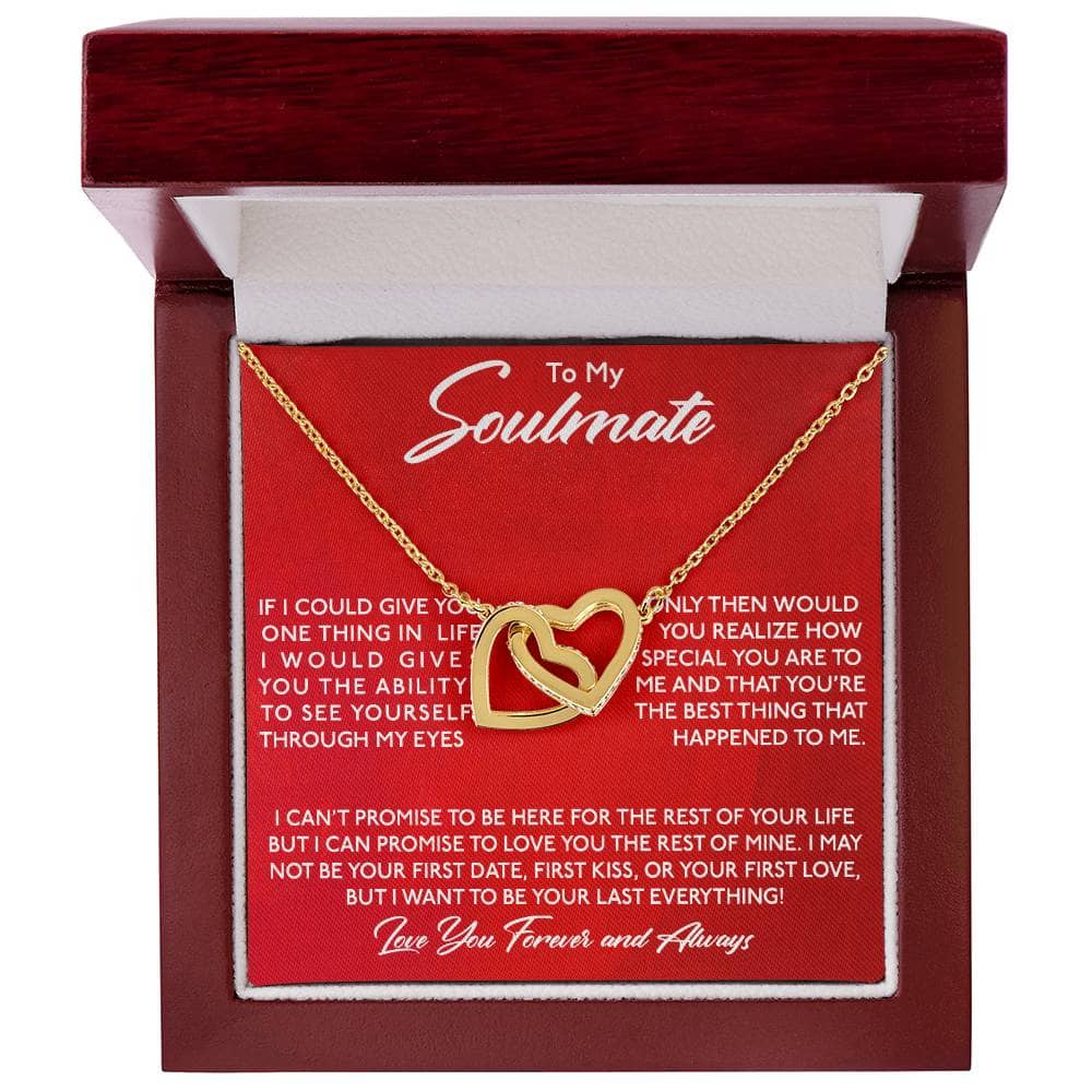 A gold heart necklace in a red box, a symbol of eternal love and commitment. Crafted with precision and adorned with cushion-cut cubic zirconia, this Personalized Soulmate Necklace is a masterpiece of superior craftsmanship. Presented in a luxurious mahogany-style box with LED lighting, it's the perfect gift for any special occasion. Choose from interlocking hearts or love knots pendant designs, and let this exquisite piece narrate your unique tale of love.