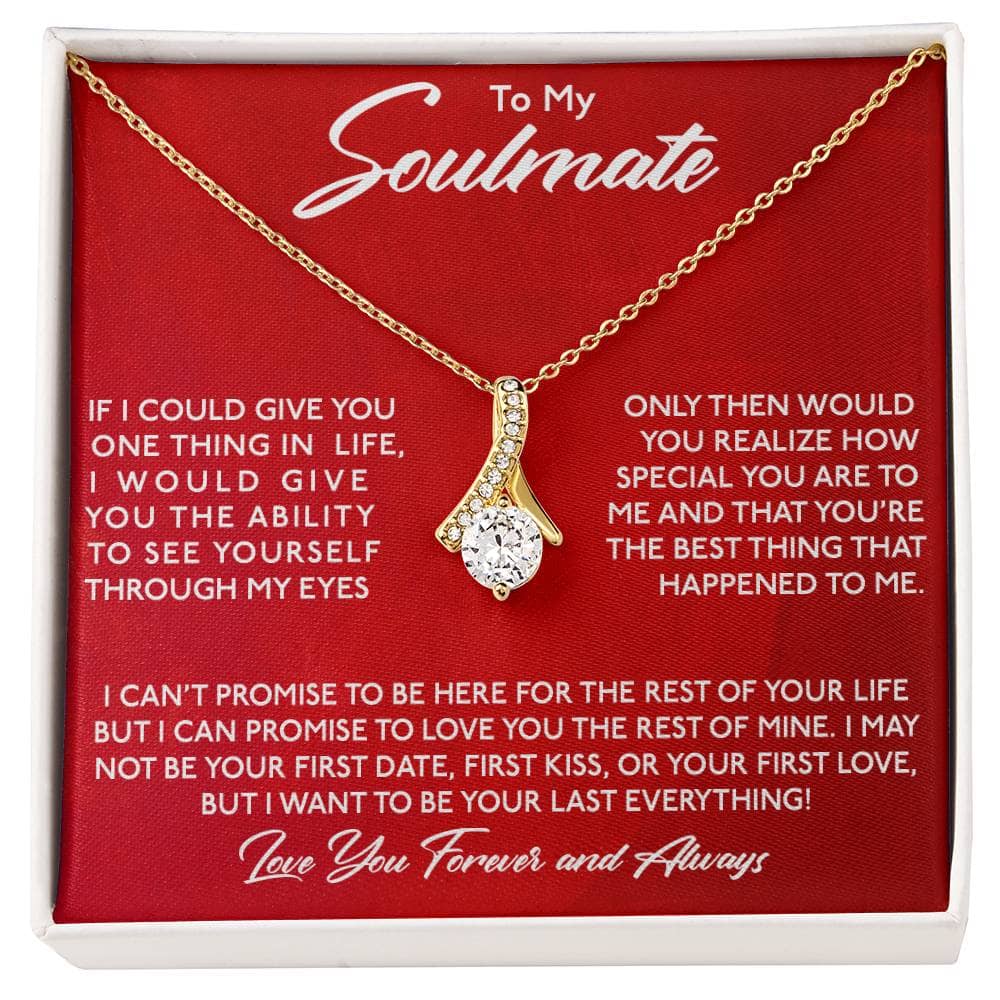 Alt text: "Gold necklace with diamond pendant in red box, symbolizing deep love and connection. Perfect gift for soulmates. Adjustable chain included."