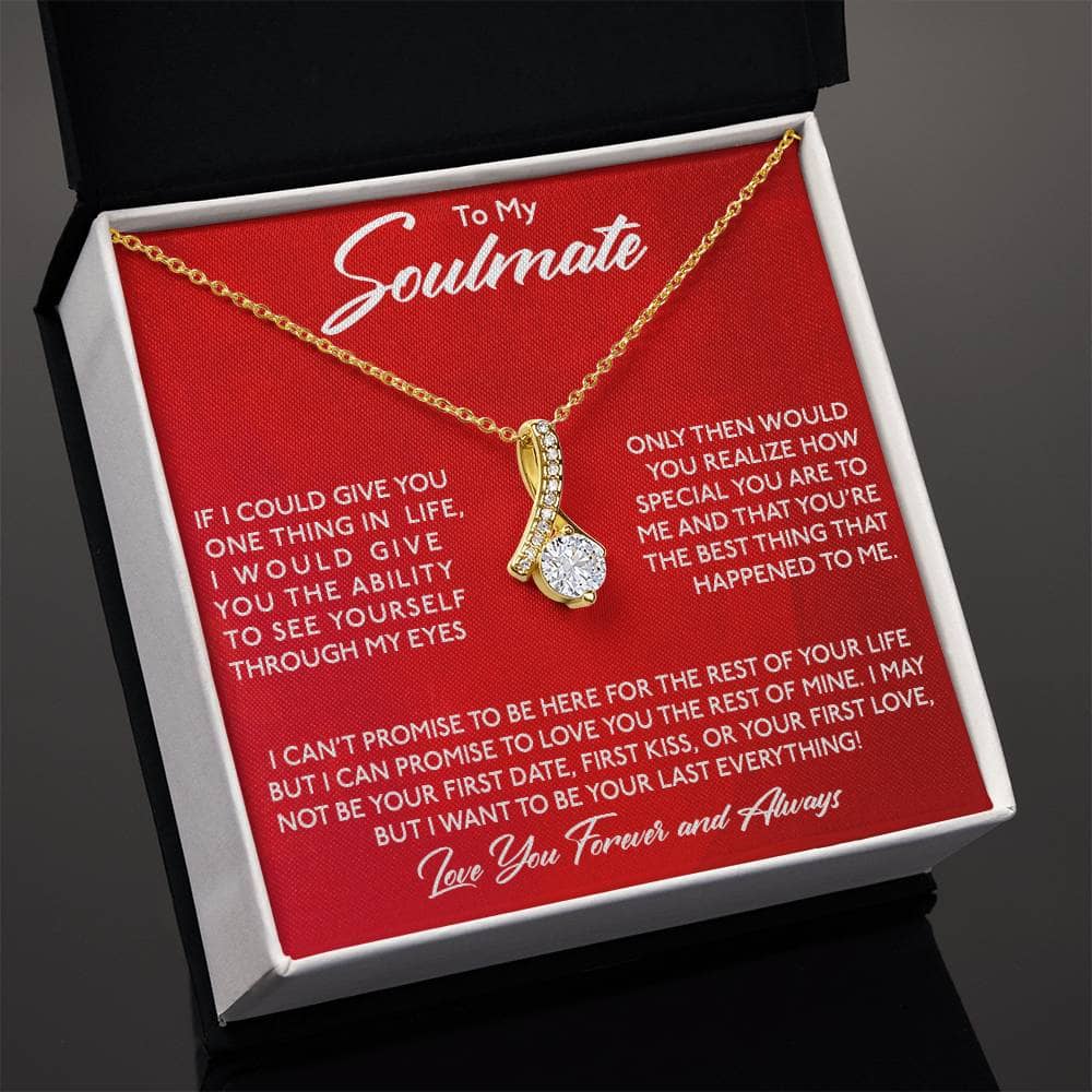 Alt text: "Personalized Soulmate Necklace in a mahogany-style box with LED lighting"