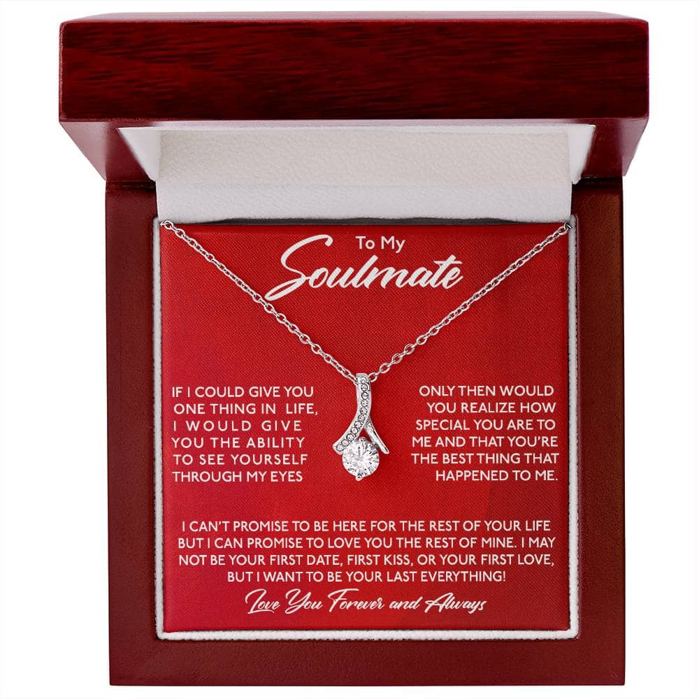 Alt text: "Personalized Soulmate Necklace in mahogany-style box with LED lighting"