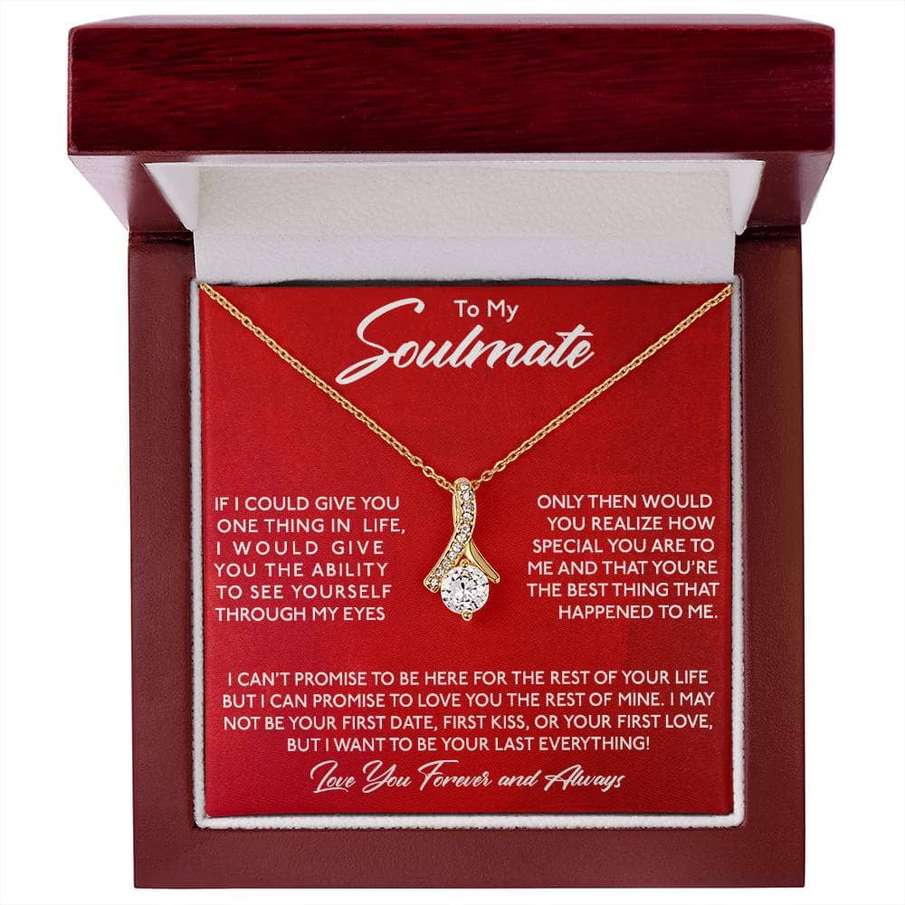 Alt text: "Personalized Soulmate Necklace in a mahogany-style box with LED lighting"