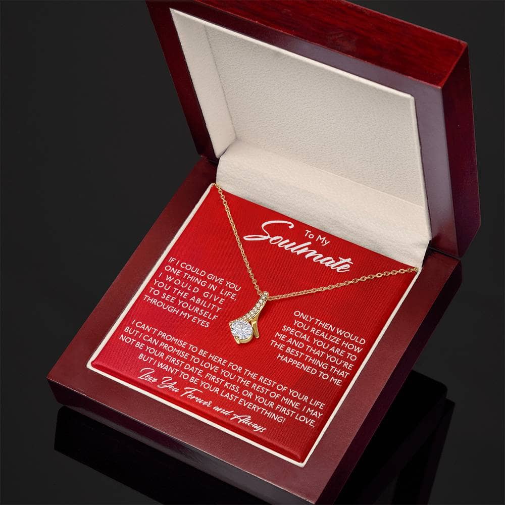 Alt text: "Gold necklace in red box with diamond pendant, symbolizing soulmate connection and love. Perfect gift for special occasions. Personalized Soulmate Necklace."