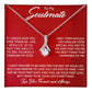 Alt text: "Soulmate Necklace: Silver pendant on red box, symbolizing enduring love and connection. Perfect gift for anniversaries, birthdays, or any day to express love. Adjustable chain for comfort and style. Shimmering cubic zirconia. Elegant mahogany-style box with LED lighting."