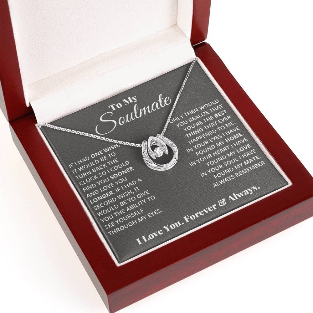 A close-up of the To My Soulmate, Love Found in Your Heart - Fortunate Love Necklace in a box.