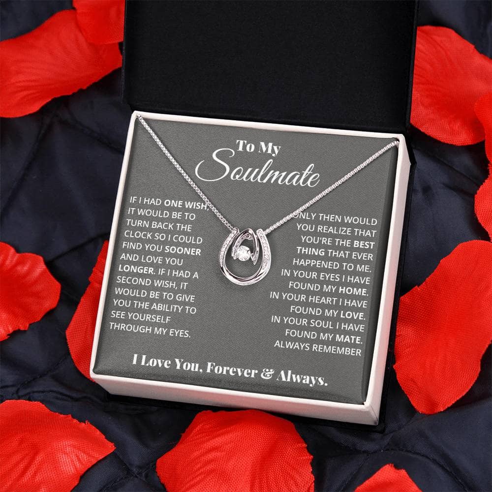 A necklace in a box, symbolizing a timeless love story. Personalized Soulmate Necklace with exquisite craftsmanship and adjustable chain options. Luxurious packaging for an unforgettable gifting experience. Perfect for romantic occasions.
