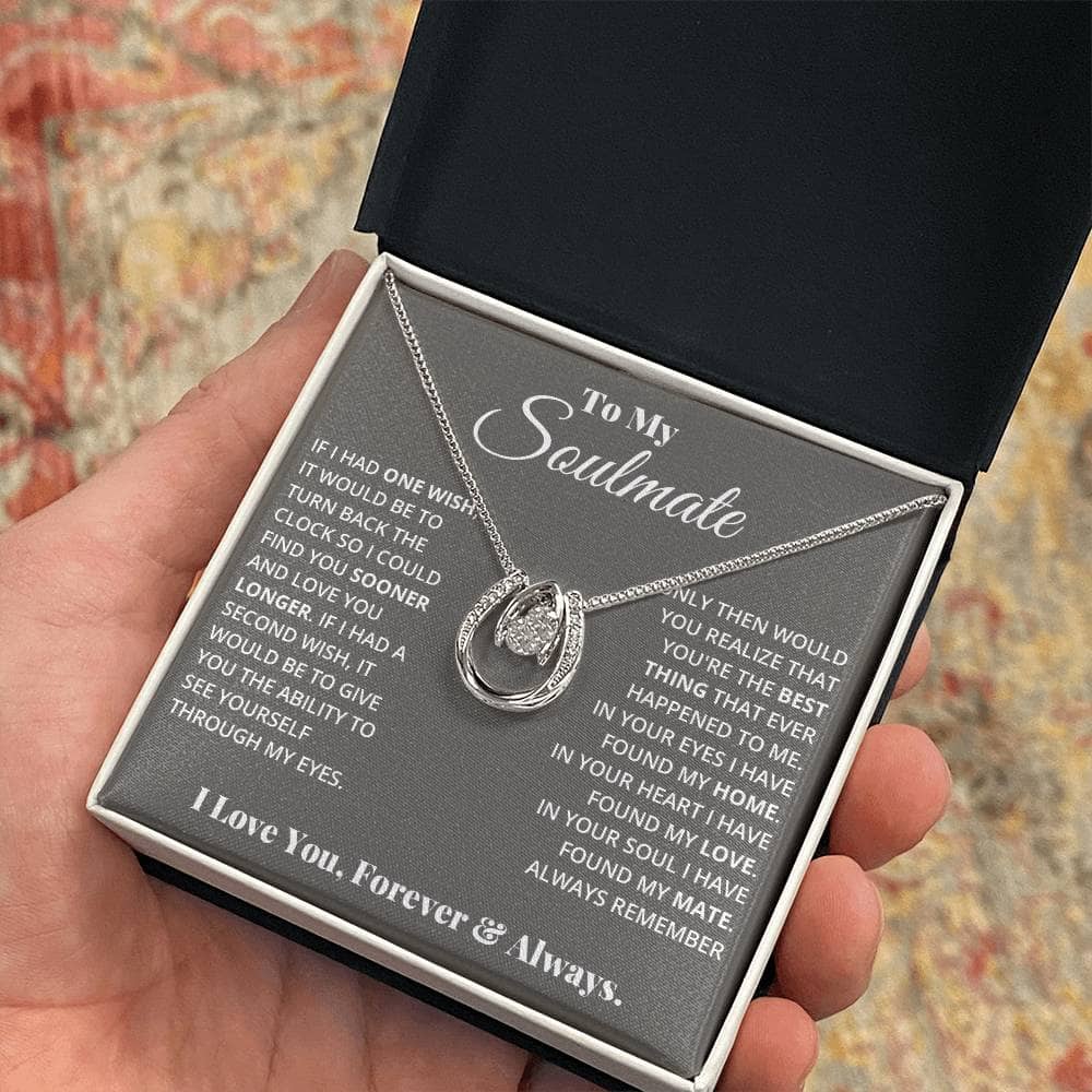 A hand holding a necklace in a box - To My Soulmate, Love Found in Your Heart - Fortunate Love Necklace.