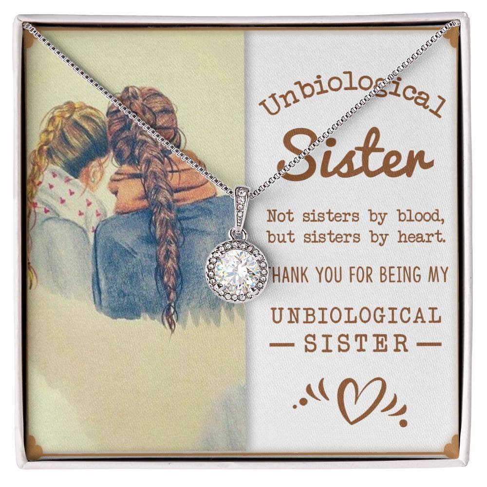 Alt text: "Unbiological Sisters Heart Pendant - Personalized! Necklace with interlocking hearts and cushion-cut cubic zirconia, symbolizing the bond between unbiological sisters."